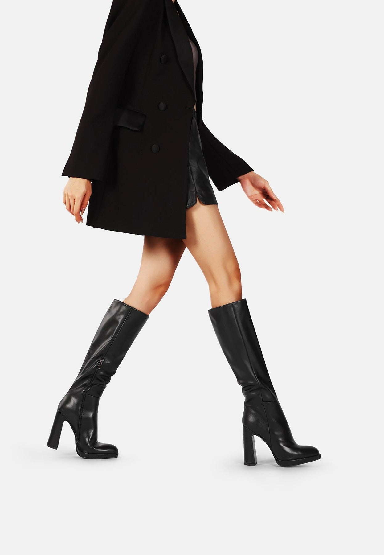 Stivali Alti Al Ginocchio Con Tacco A Blocco E Piattaforma - Donna, Ecopelle - Foto 6