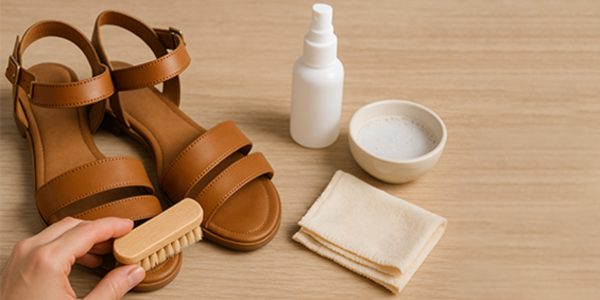 Cura e manutenzioni di sandali con prodotti panni imbevuti e spazzole
