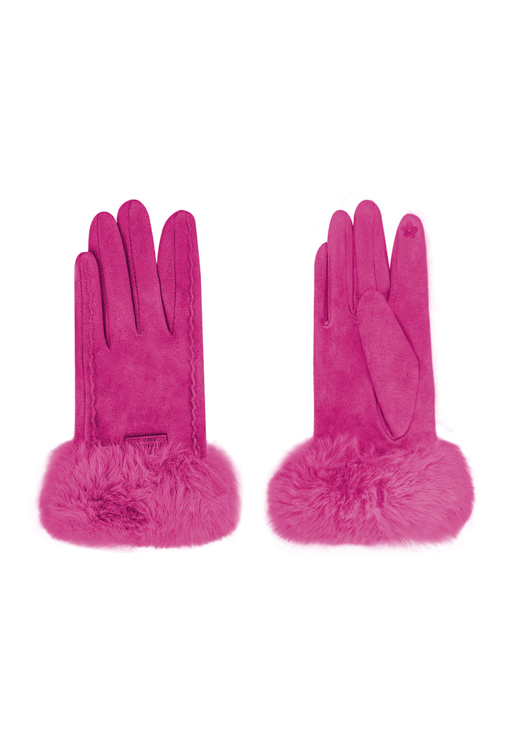 Guanti da donna in viscosa ed elastan con polsino in pelliccia sintetica colore fucsia