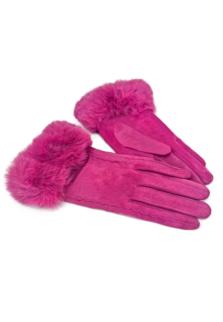 Guanti da donna in viscosa ed elastan con polsino in pelliccia sintetica colore fucsia