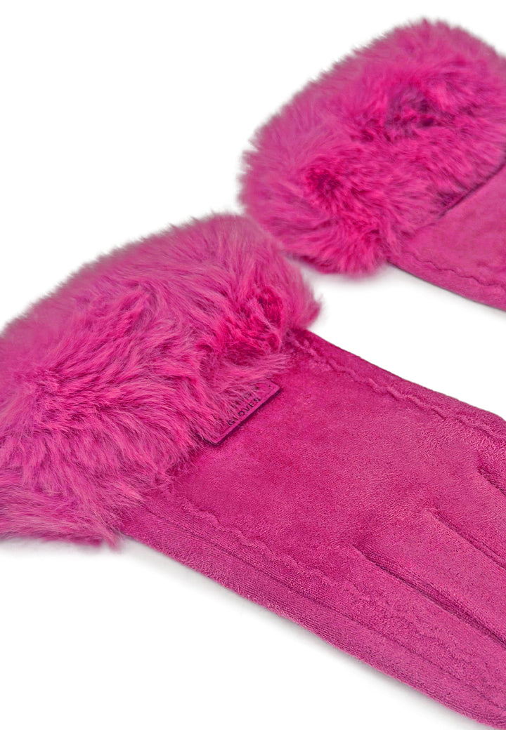 Guanti da donna in viscosa ed elastan con polsino in pelliccia sintetica colore fucsia