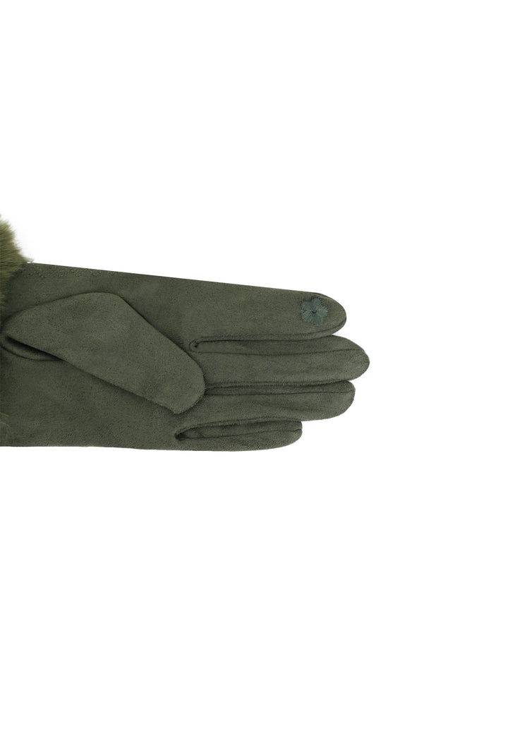 Guanti da donna in viscosa ed elastan con polsino in pelliccia sintetica colore militare