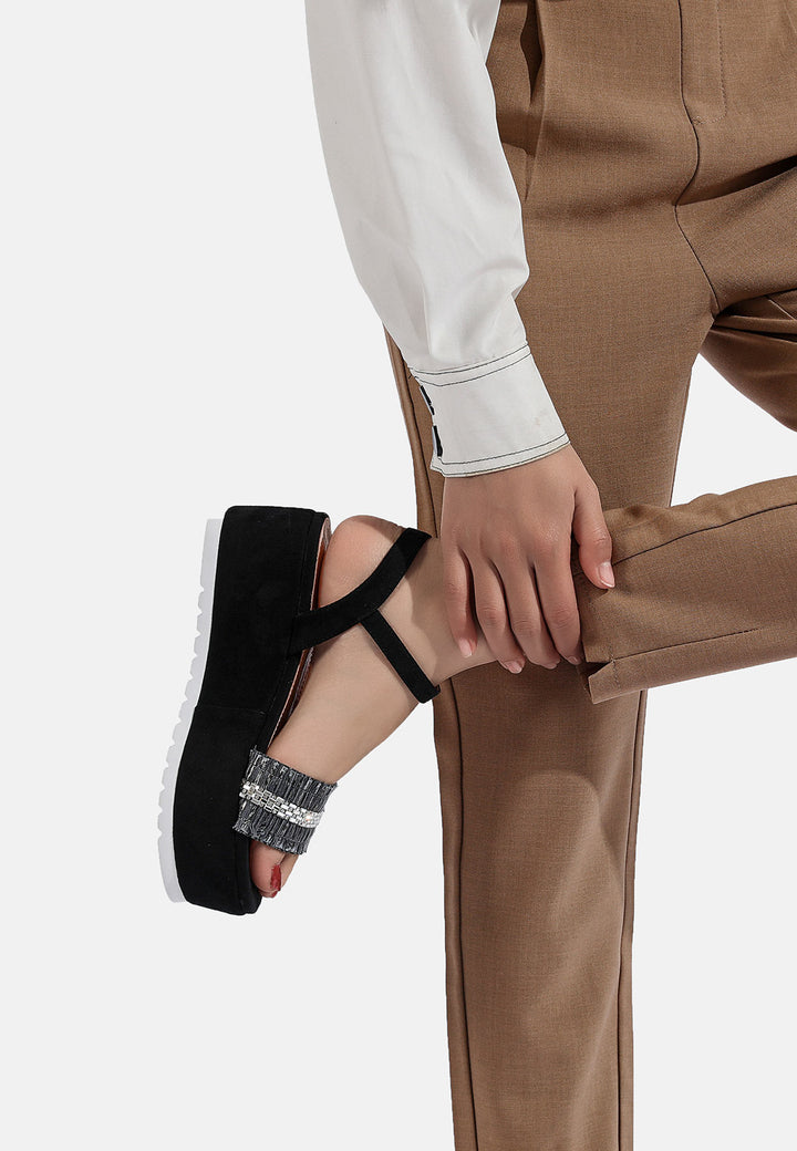 sandali da donna colore nero con plateau fascia con strass e cinturino