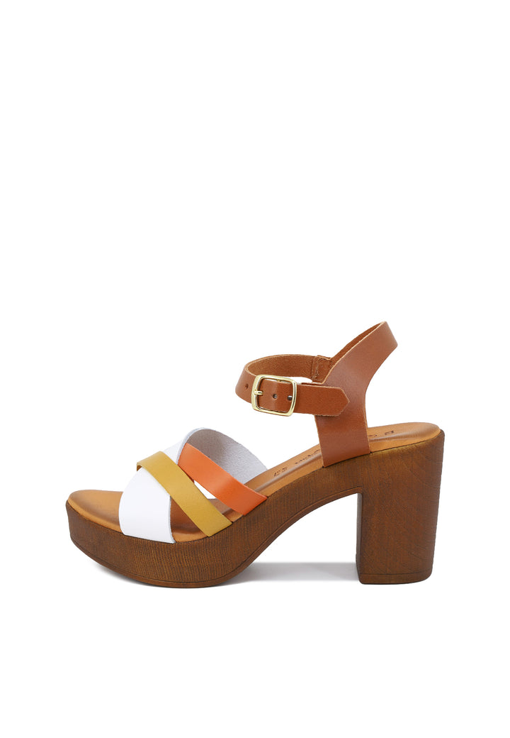 sandalo in pelle vera bianca e ocra con cinturino e tacco 8,5 cm
