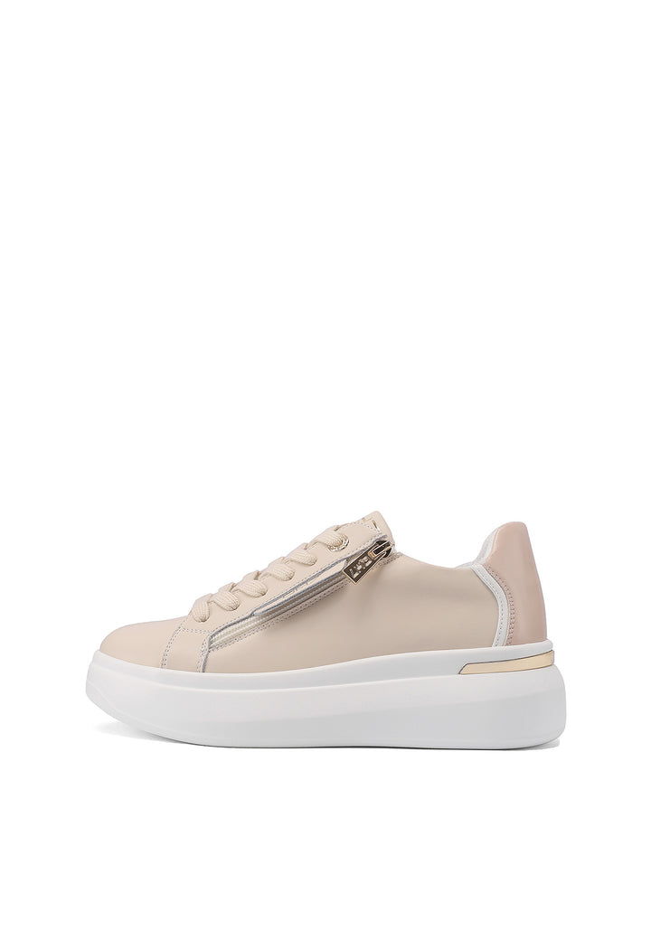 Sneakers con platform e zip in vera pelle colore beige