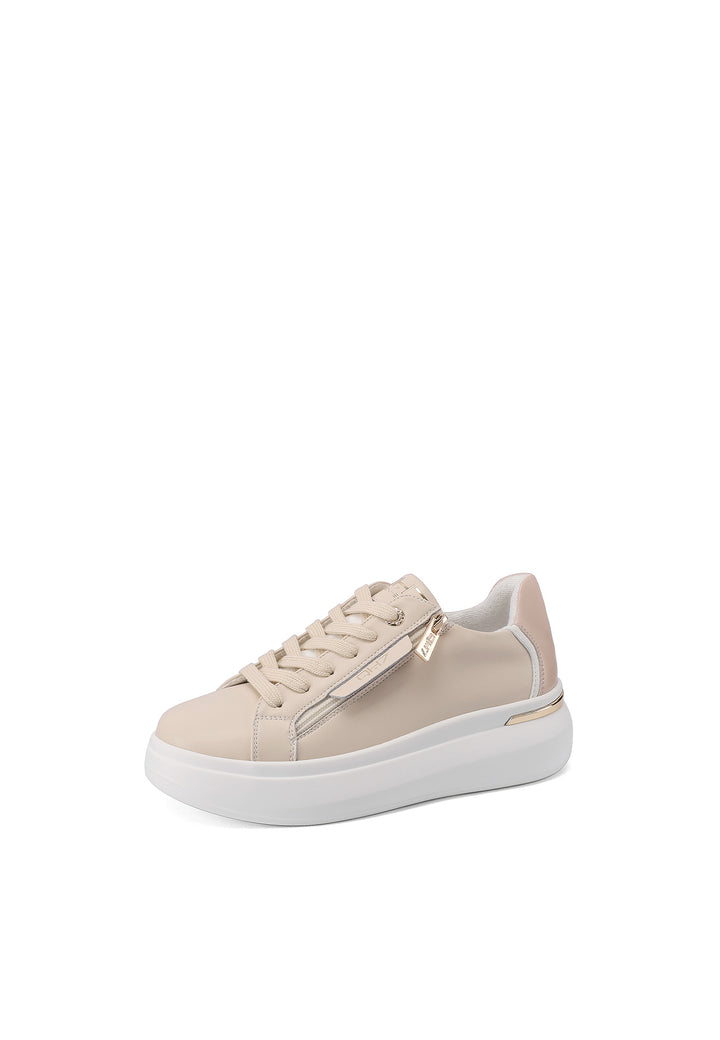 Sneakers con platform e zip in vera pelle colore beige