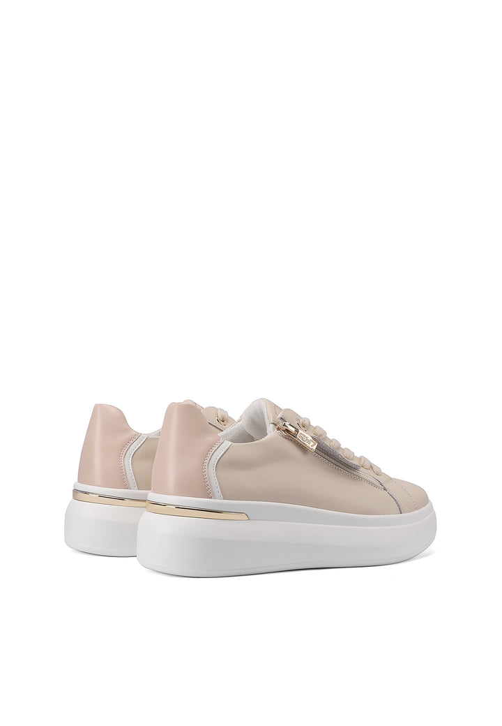 Sneakers con platform e zip in vera pelle colore beige