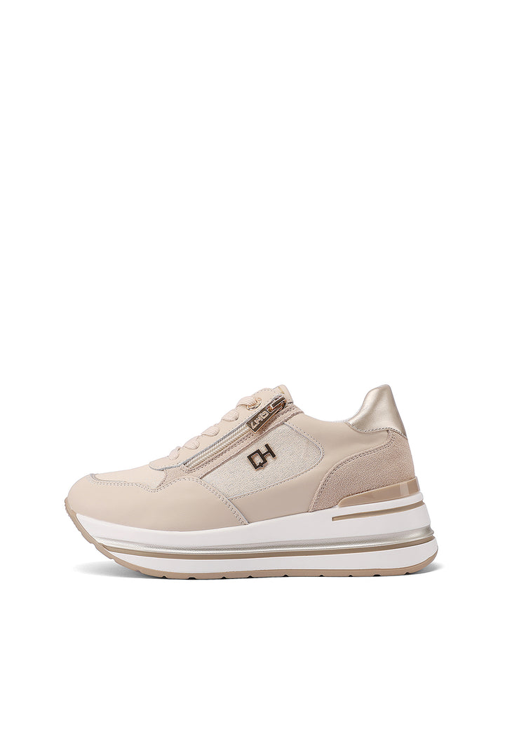 Sneakers con platform e zip in vera pelle colore beige