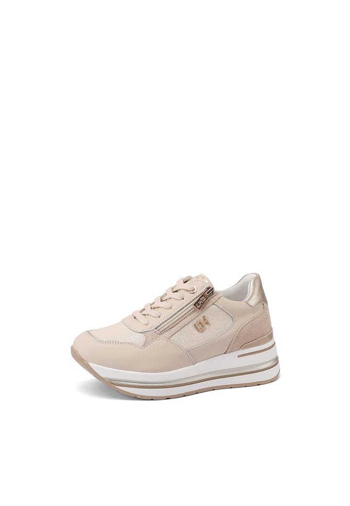 Sneakers con platform e zip in vera pelle colore beige