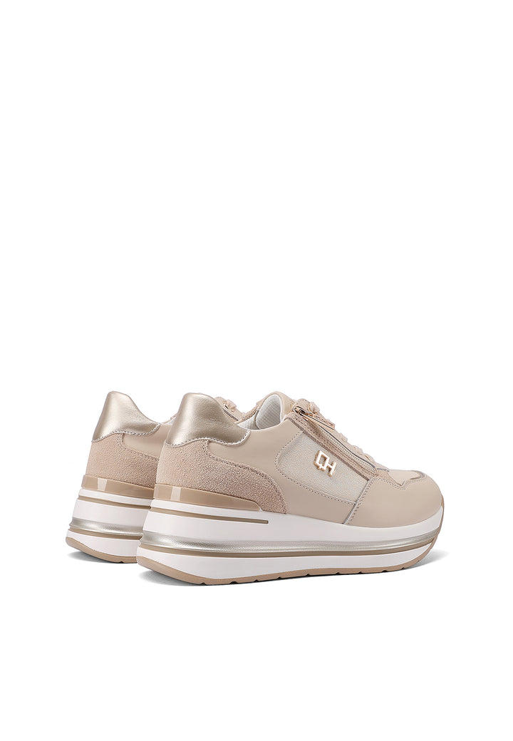 Sneakers con platform e zip in vera pelle colore beige