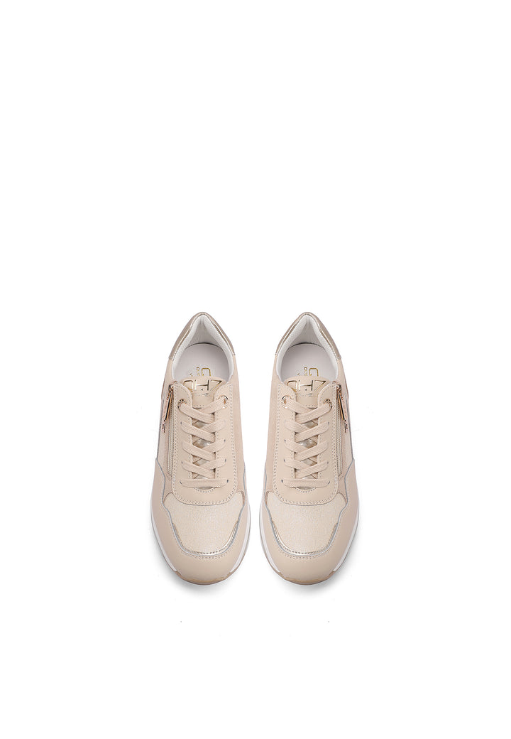 Sneakers con platform e zip in vera pelle colore beige