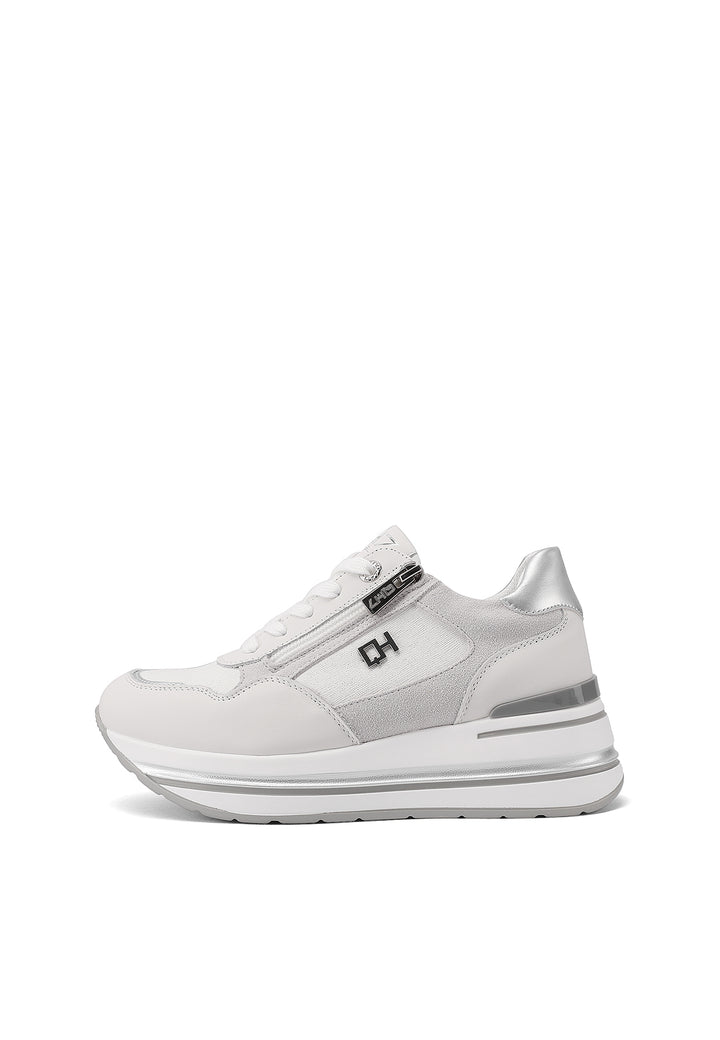 Sneakers con platform e zip in vera pelle colore bianco