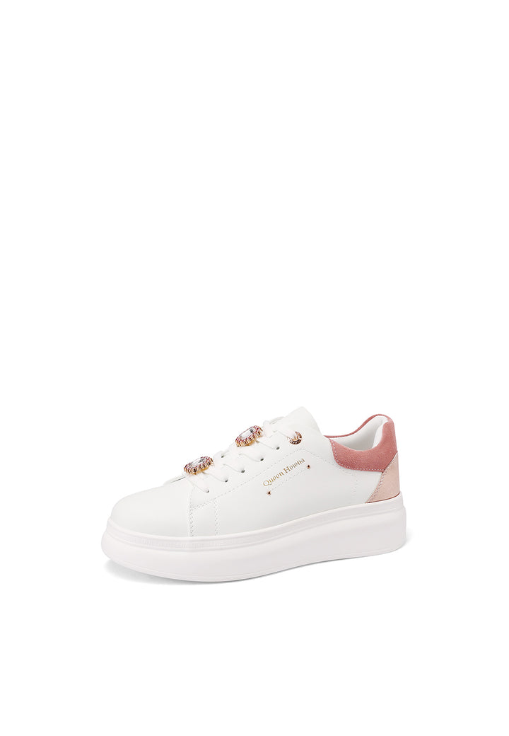 Sneakers stringate con platform e strass luminosi decorativi colore bianco rosa