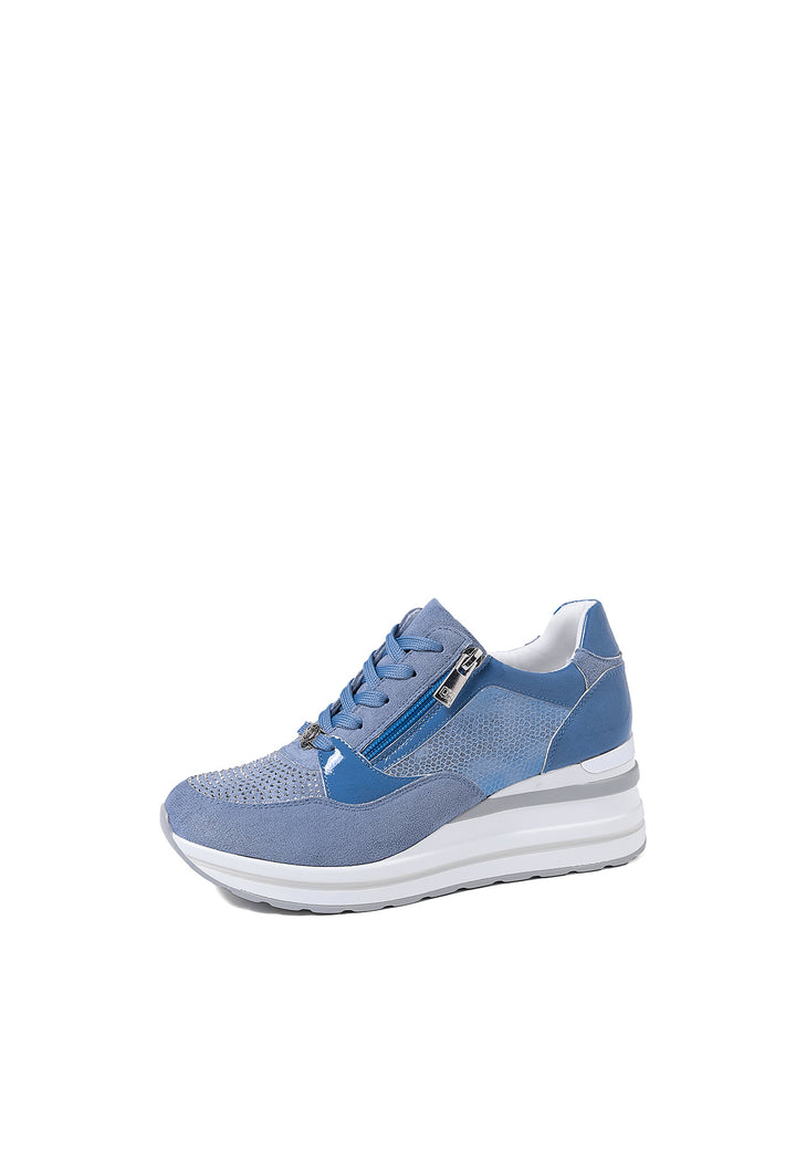 Sneakers con lacci da donna e con zip laterale e suola rialzata sul tallone colore blu