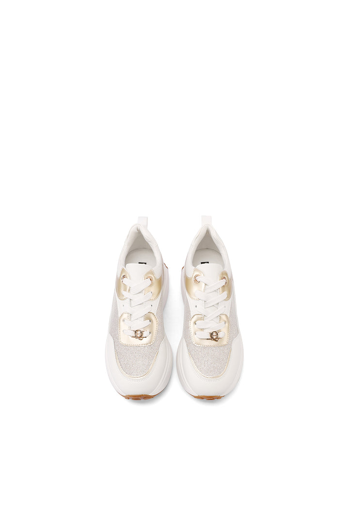 Sneakers stringate da donna con suola alta colore bianco oro