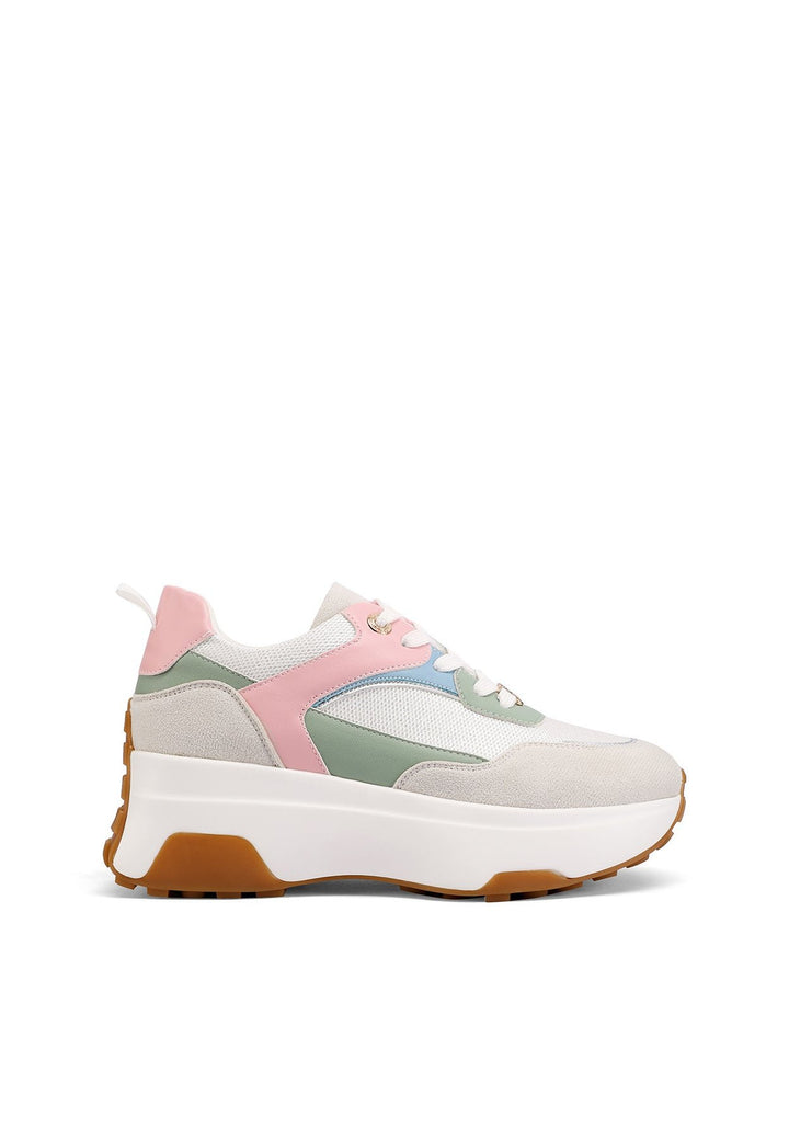 Sneakers stringate da donna con suola alta colore bianco rosa e verde