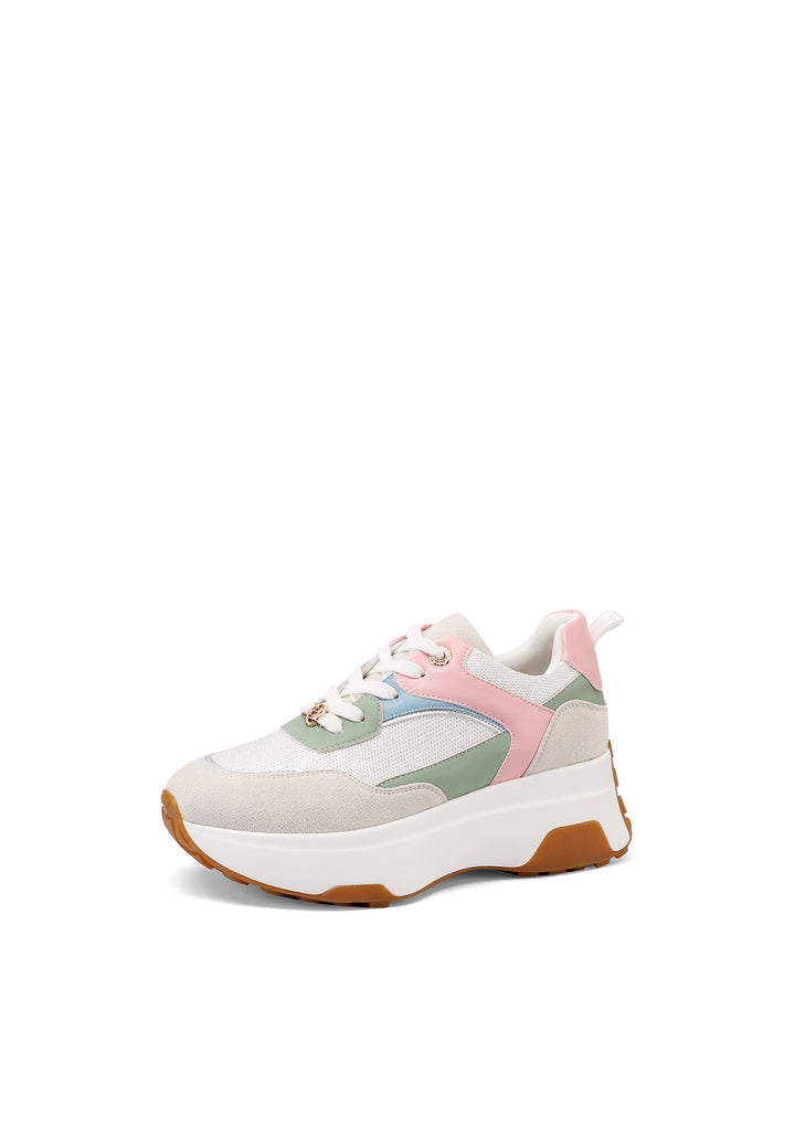 Sneakers stringate da donna con suola alta colore bianco rosa e verde