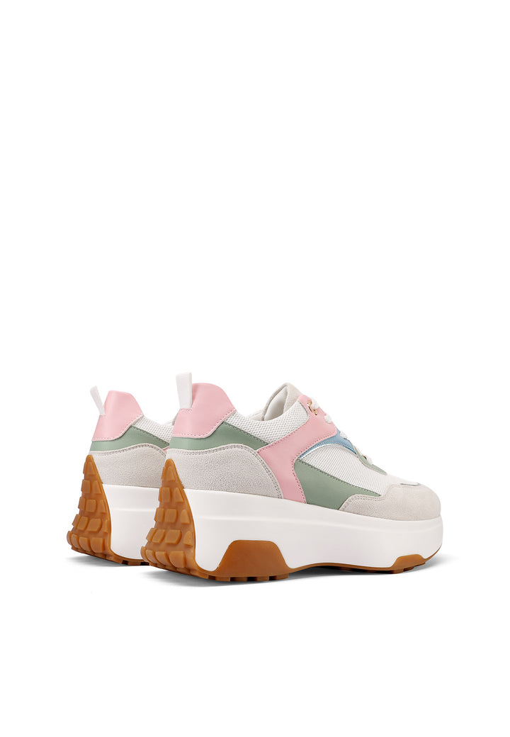 Sneakers stringate da donna con suola alta colore bianco rosa e verde