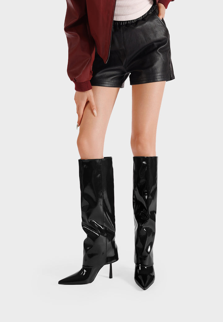 Stivali donna alti eleganti a punta con tacco a spillo e gambale neri