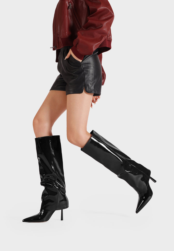 Stivali donna alti eleganti a punta con tacco a spillo e gambale neri