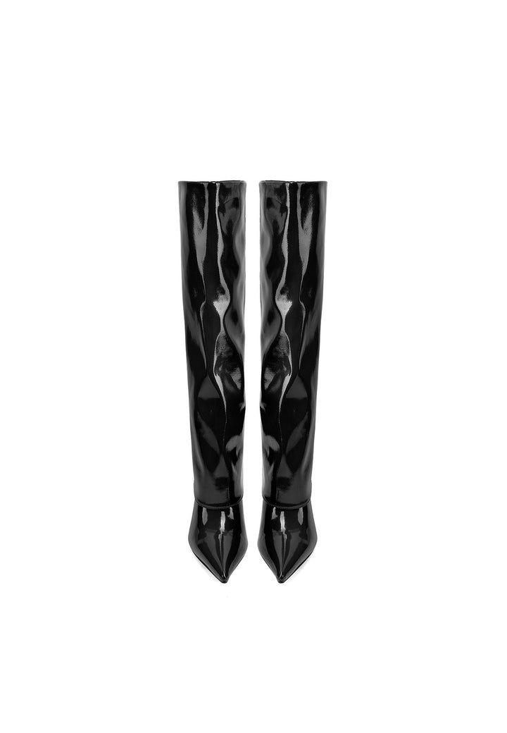 Stivali donna alti eleganti a punta con tacco a spillo e gambale neri