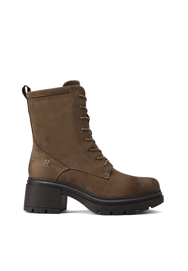 Anfibi donna in camoscio con tacco largo e suola carrarmato khaki