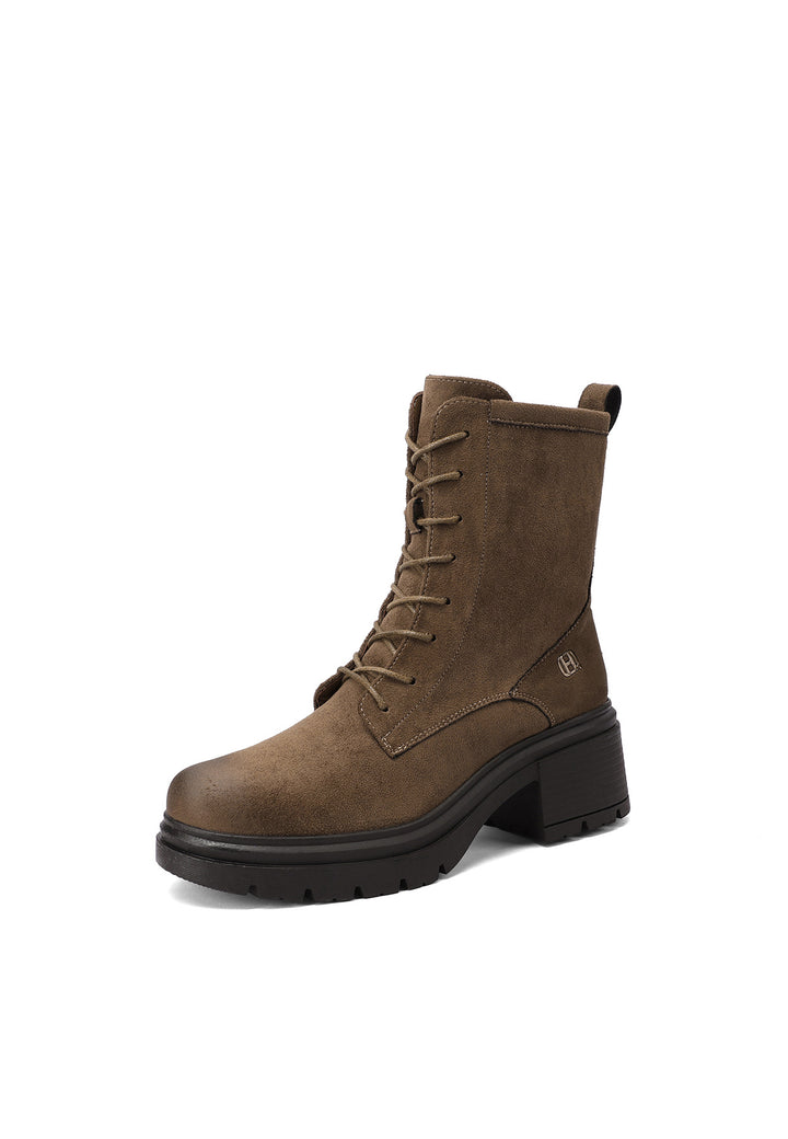 Anfibi donna in camoscio con tacco largo e suola carrarmato khaki