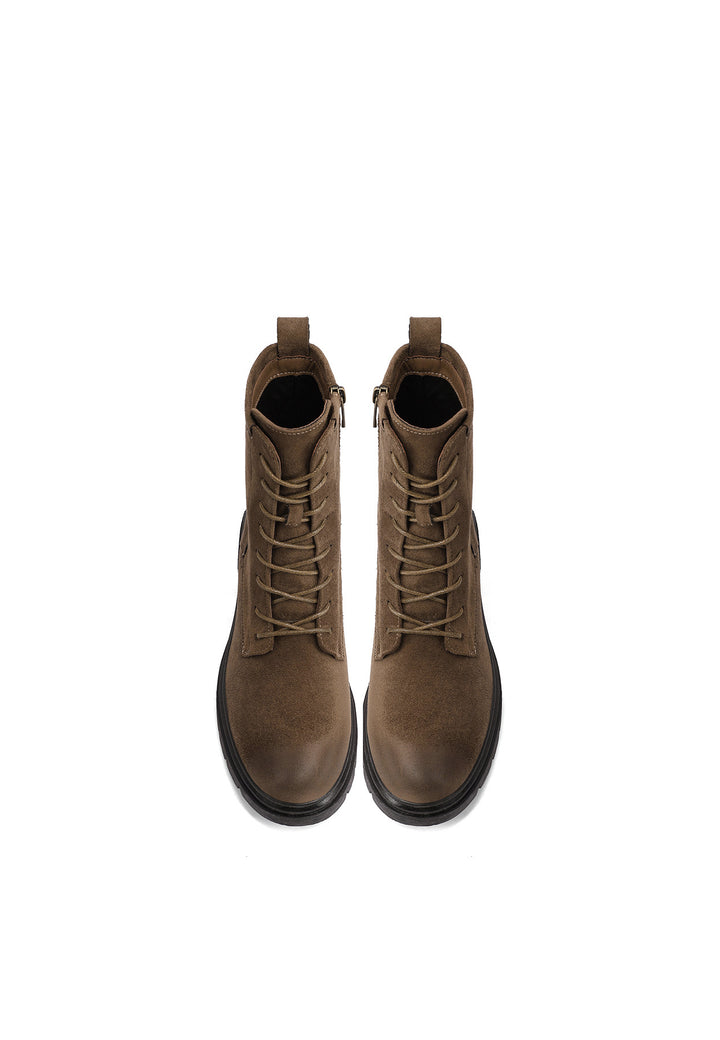 Anfibi donna in camoscio con tacco largo e suola carrarmato khaki