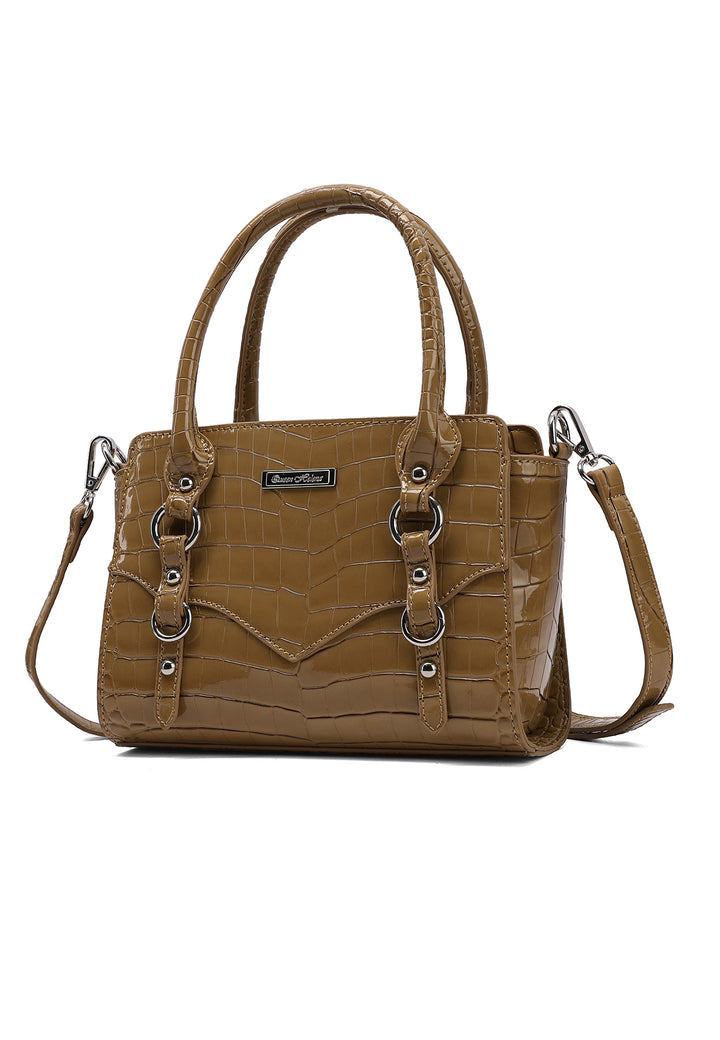 Borsa a mano donna effetto coccodrillo con tracolla khaki