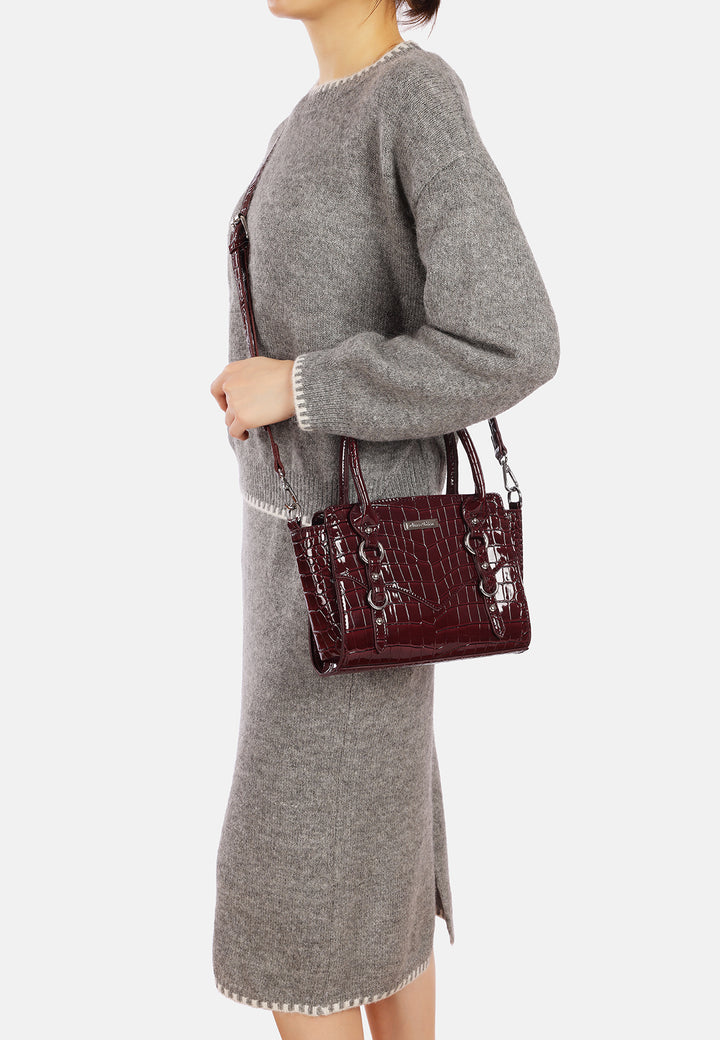 Borsa a mano donna effetto coccodrillo con tracolla bordeaux