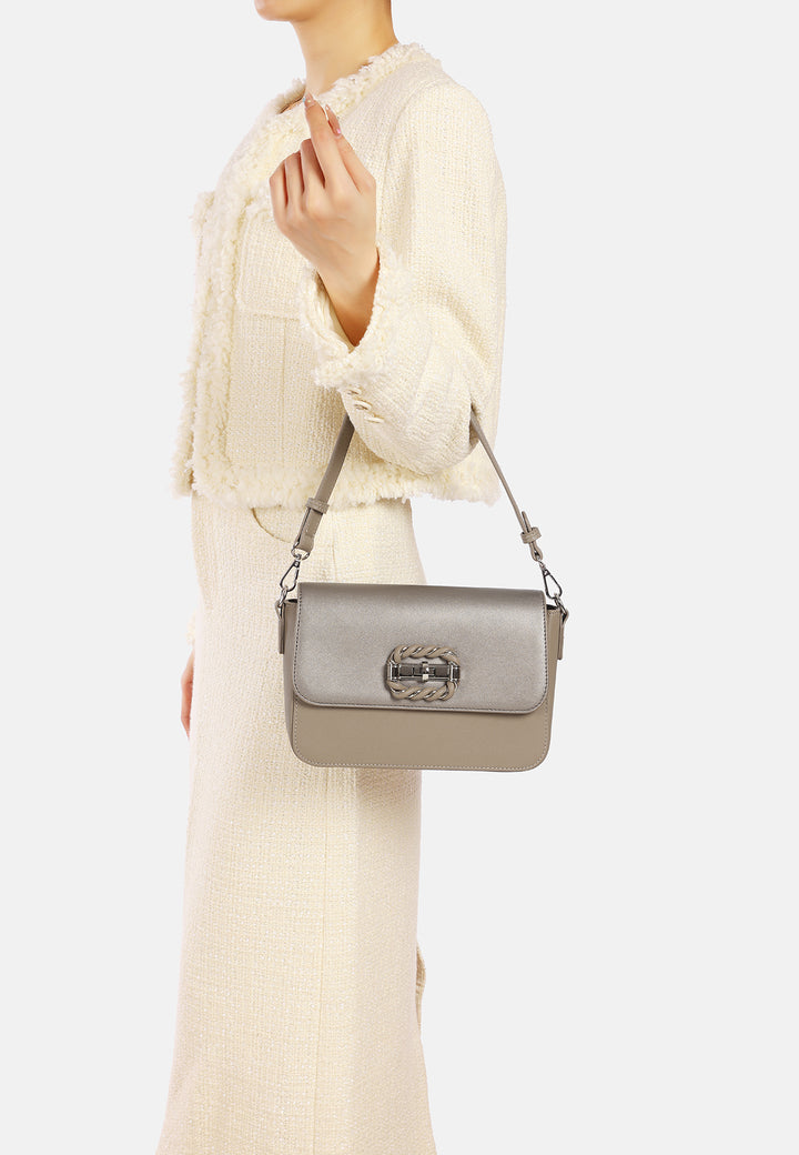 Borsa a spalla donna in ecopelle con fibbia decorativa khaki