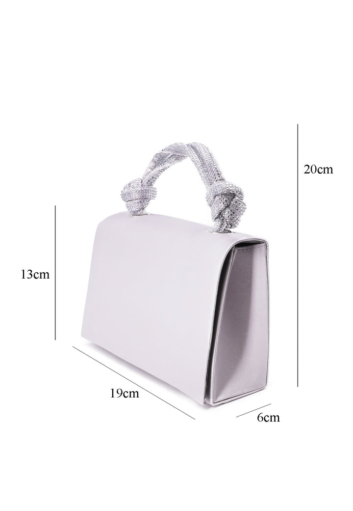 Borsetta Mini bag semplice con manico in strass e catenella per tracolla. Colore argento satinato