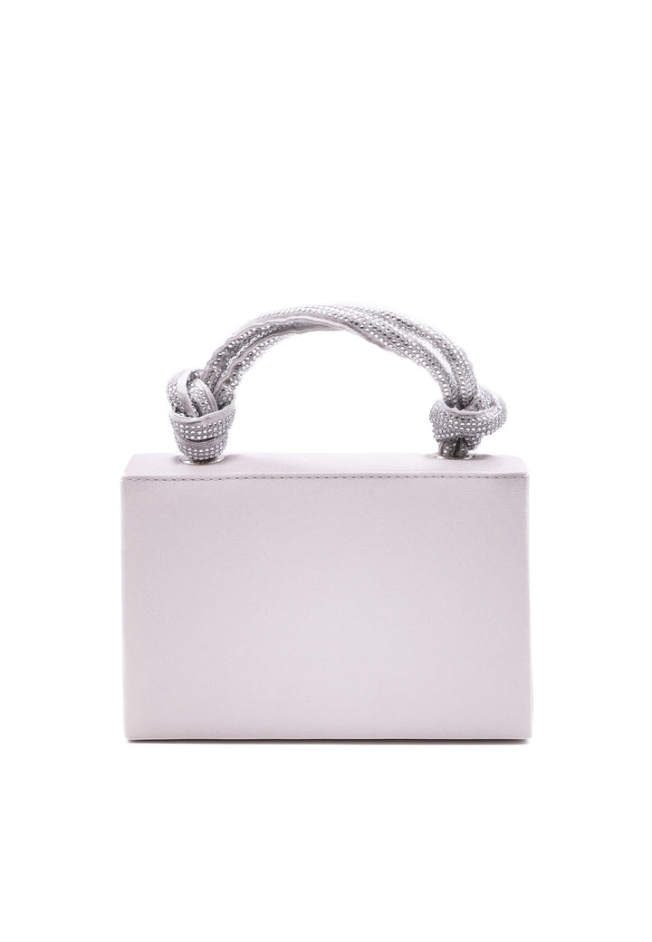 Borsetta Mini bag semplice con manico in strass e catenella per tracolla. Colore argento satinato