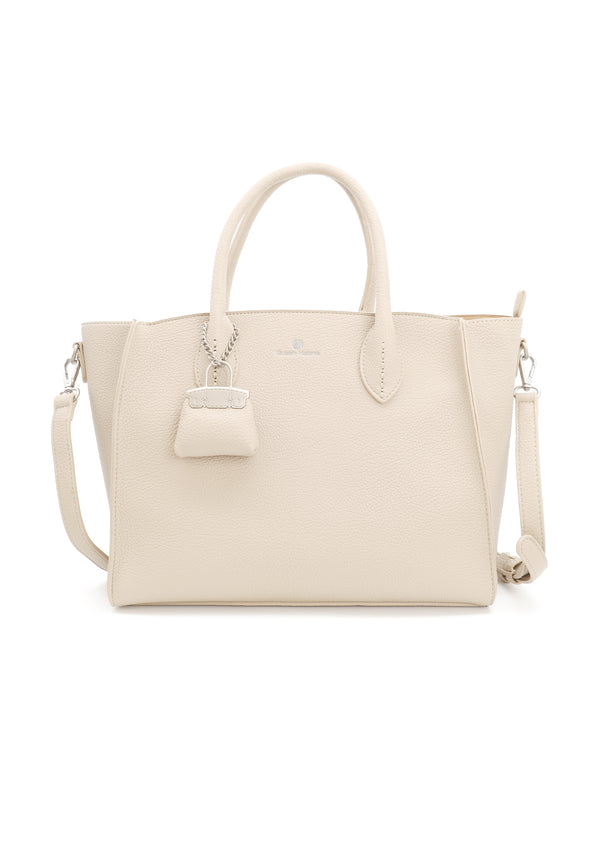 Borsa donna a mano in pelle con tracolla e charm decorativo beige