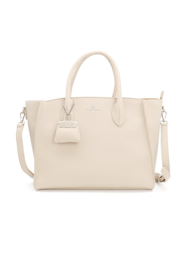 Borsa donna a mano in pelle con tracolla e charm decorativo beige