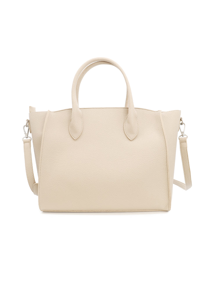 Borsa donna a mano in pelle con tracolla e charm decorativo beige