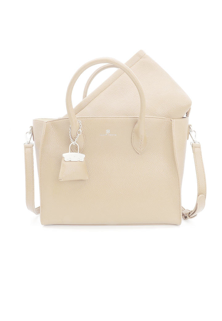 Borsa donna a mano in pelle con tracolla e charm decorativo beige