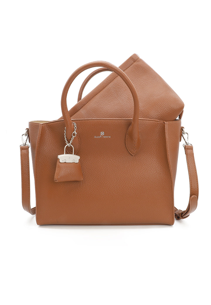 Borsa donna a mano in pelle con tracolla e charm decorativo marrone
