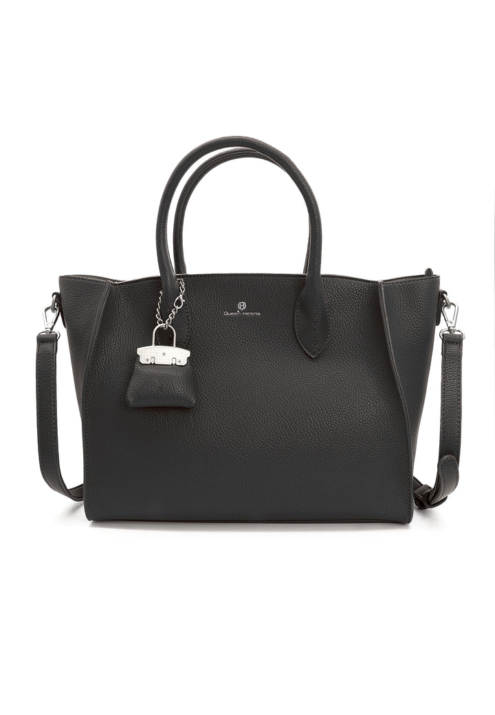 Borsa donna a mano in pelle con tracolla e charm decorativo nera
