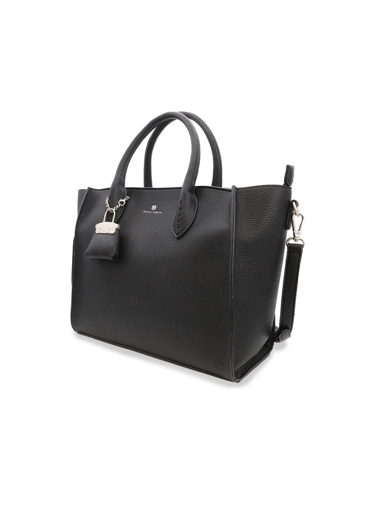 Borsa donna a mano in pelle con tracolla e charm decorativo nera