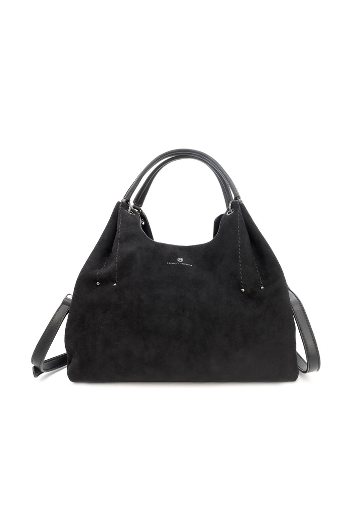 Borsa donna a mano in suede con doppio manico e tracolla regolabile nera