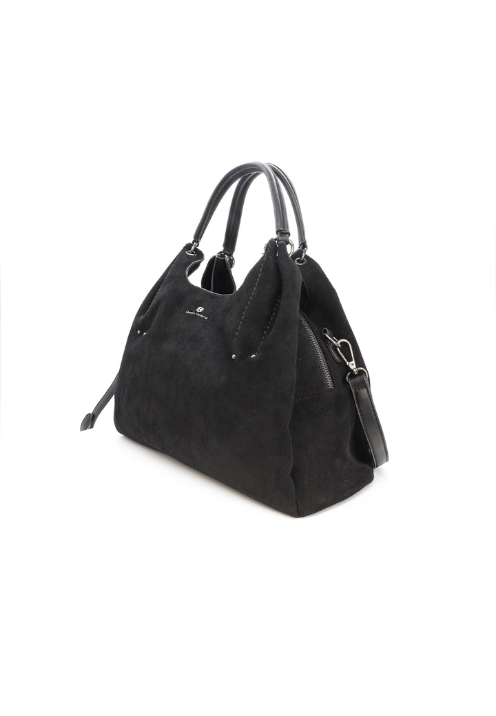 Borsa donna a mano in suede con doppio manico e tracolla regolabile nera