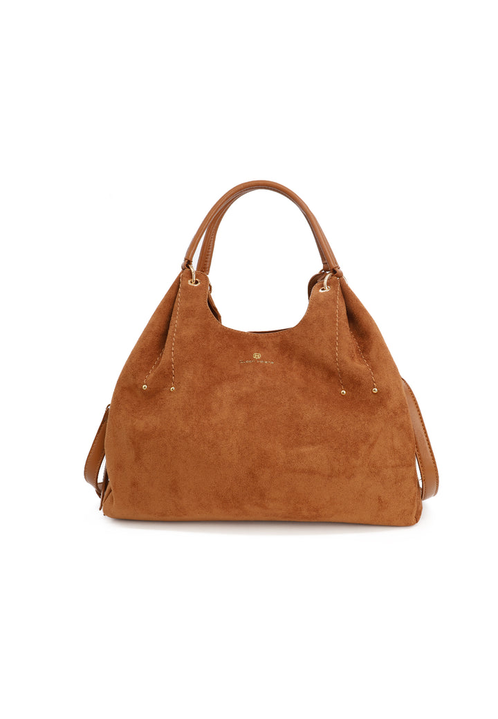 Borsa donna a mano in suede con doppio manico e tracolla regolabile cammello