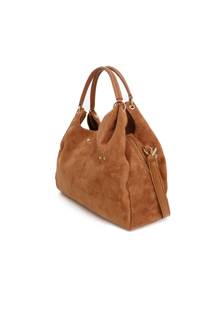 Borsa donna a mano in suede con doppio manico e tracolla regolabile cammello