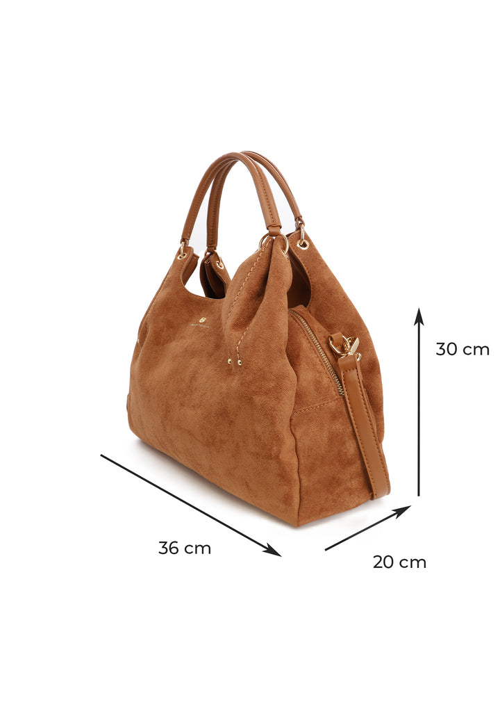 Borsa donna a mano in suede con doppio manico e tracolla regolabile cammello