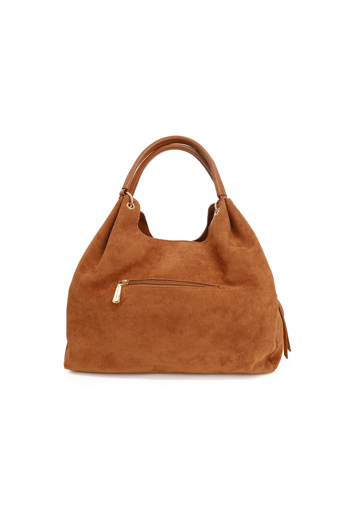 Borsa donna a mano in suede con doppio manico e tracolla regolabile cammello