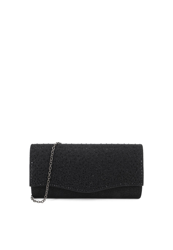 borsa pochette elegante da donna con tessuto brillantinato colore nero e tracolla