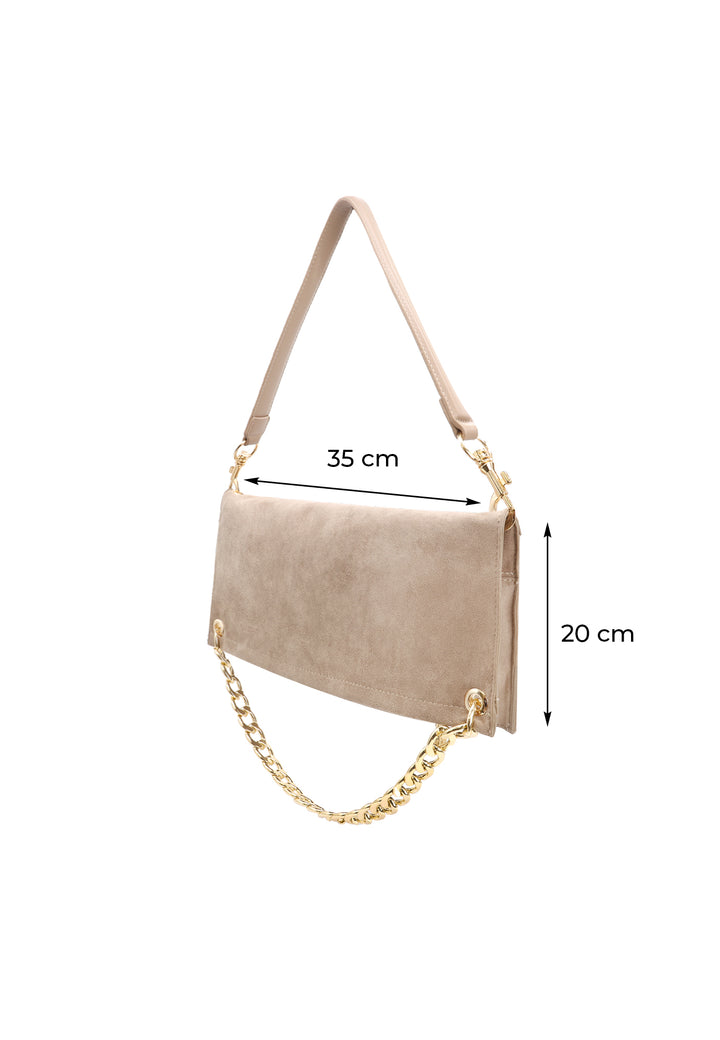 Borsa donna a tracolla in camoscio con catena dorata elegante beige