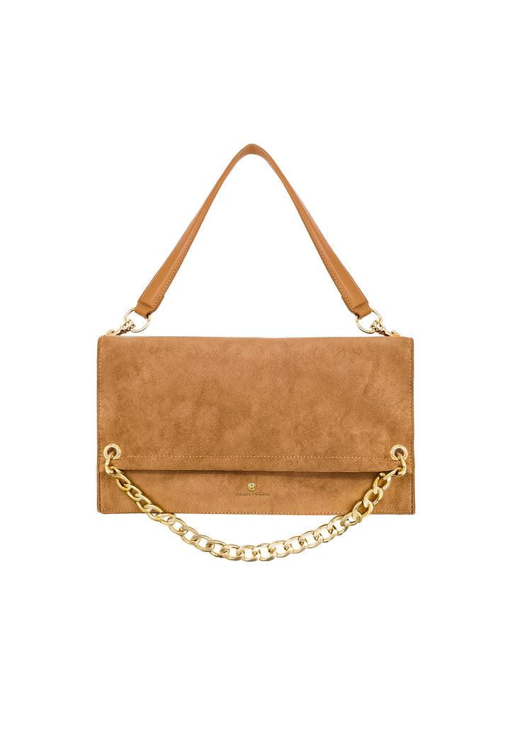 Borsa donna a tracolla in camoscio con catena dorata elegante marrone