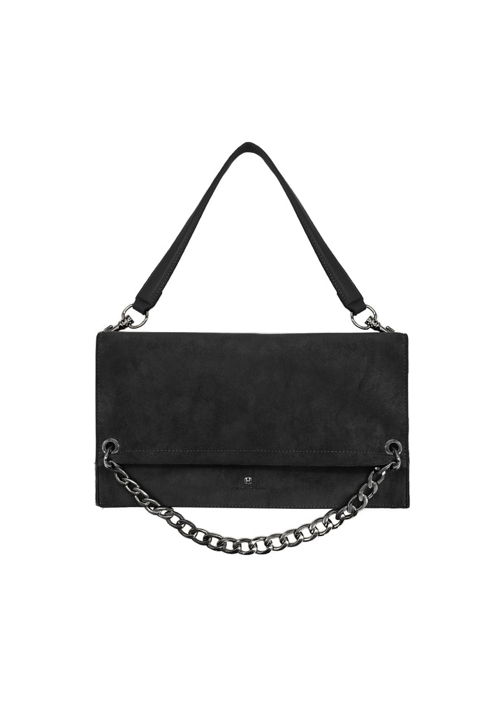 Borsa donna a tracolla in camoscio con catena dorata elegante nera